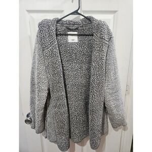 Victorias Secret PINK Sherpa Fleece Hooded Cardigan Grey Marl Open Front M L